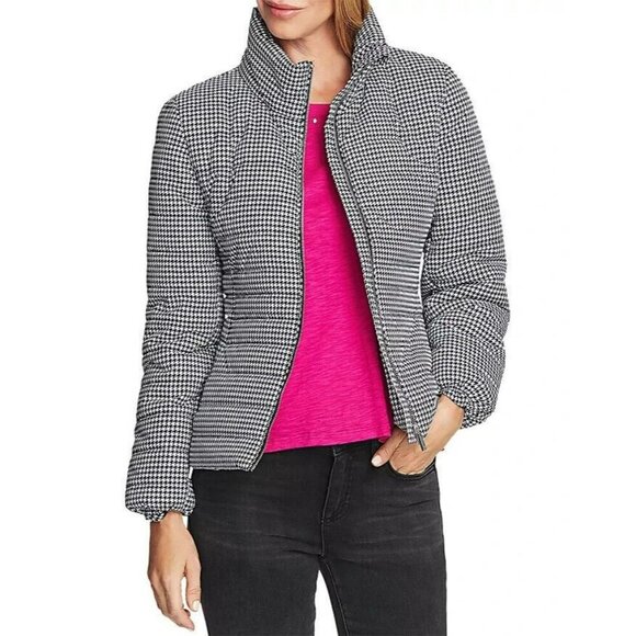 Vince Camuto Puffer Jacket Women Medium Zip Up Houndstooth Print Black White NWT - Picture 1 of 16